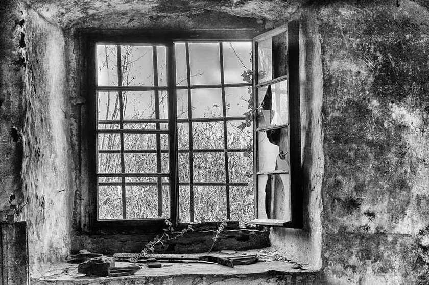Fenêtre cassée dans mur ruiné, vue d'arbres à travers le vide